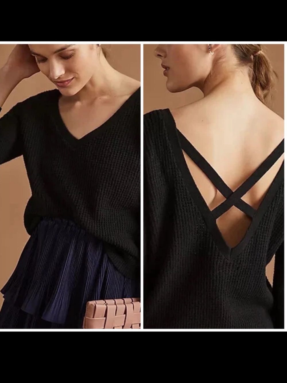 Maeve Anthropologie Sweater Women XS Black Waffle Knit Cross Back Whimsigoth